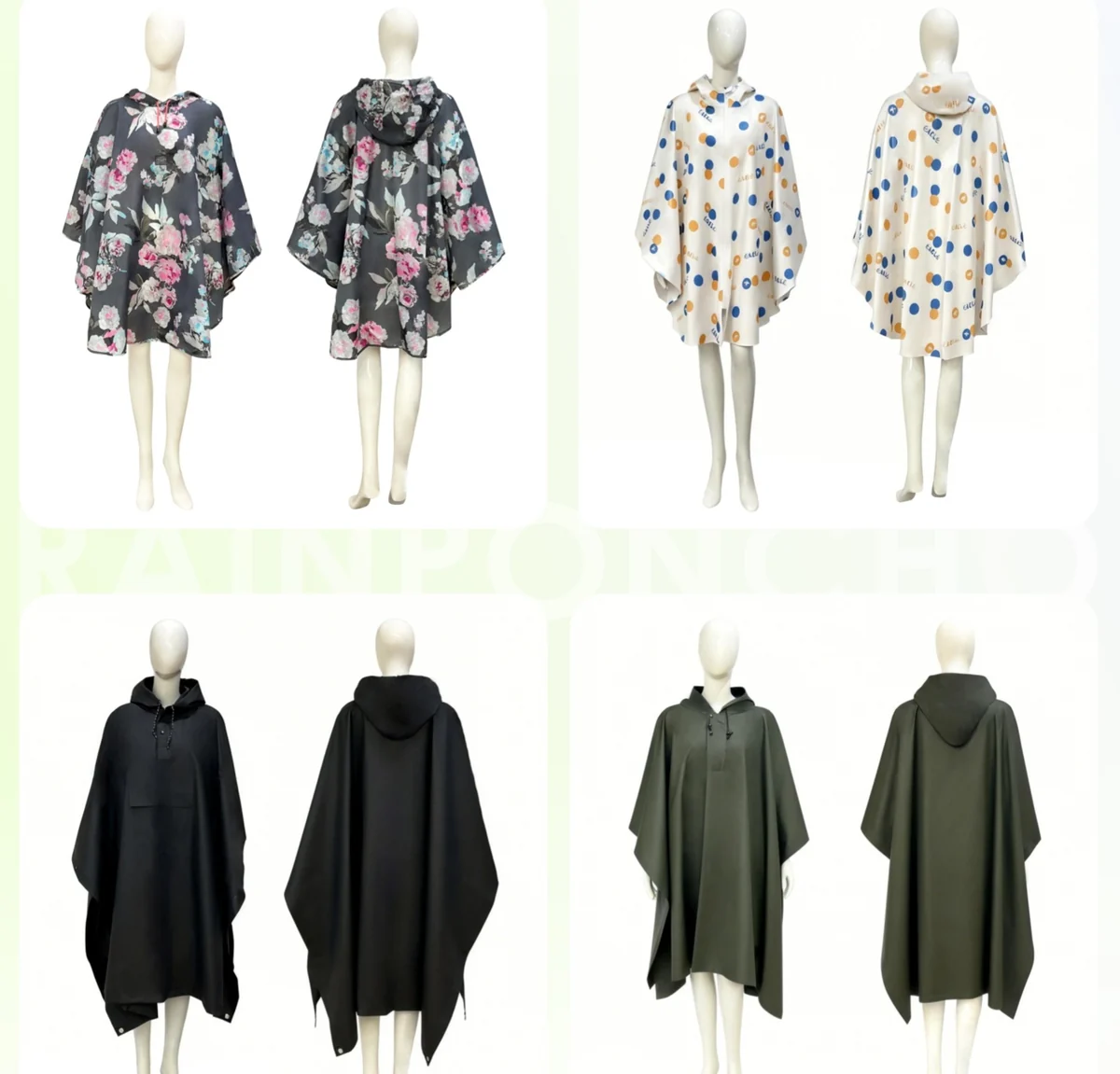 Adult hooded ponchos: printed and solid colourways, front and back