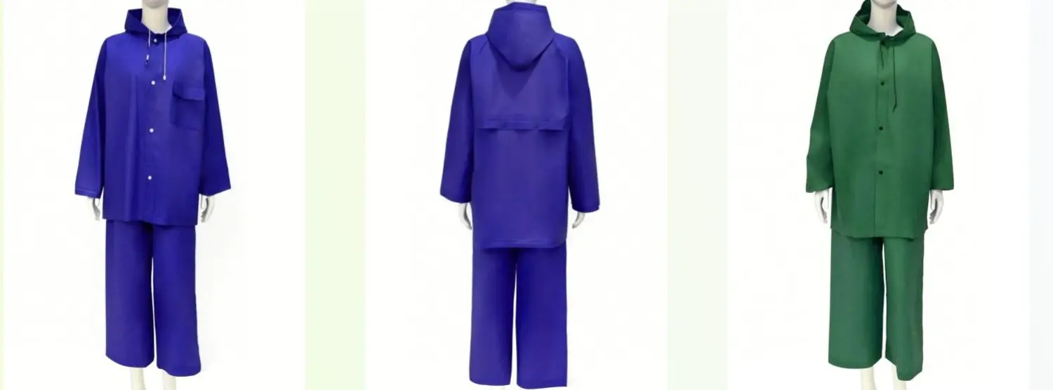 Solid-colour rainsuits, tooled and sewn to your colourway