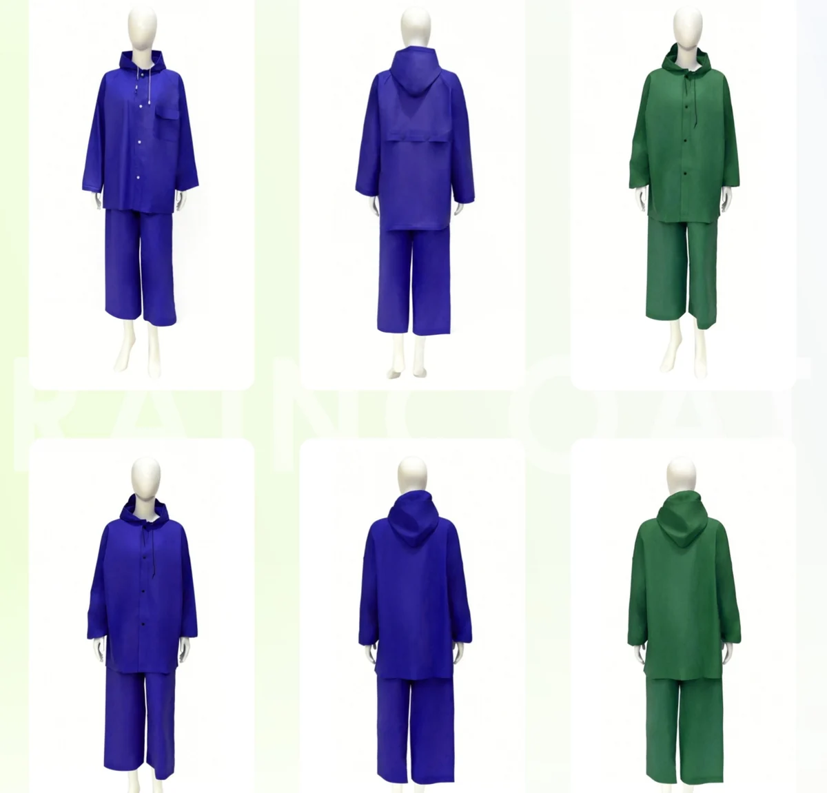 Two-piece rainsuits: jacket and trousers, solid colourways