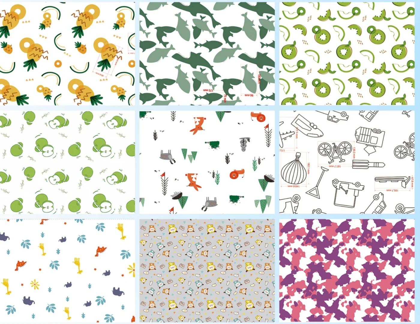 The mill’s own pattern library: repeat sizes marked in mm, printed on its gravure line