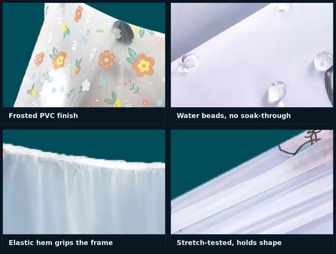 Four things a buyer checks: the frosted surface, how water behaves on it, how the hem grips, and whether the film holds shape when pulled.